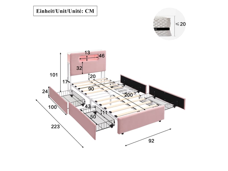 Lit jeune 90x200 cm, lit simple avec 4 tiroirs, tête de lit avec rangement, led, mdf, velours couleur rose, sans matela  - Conforama C