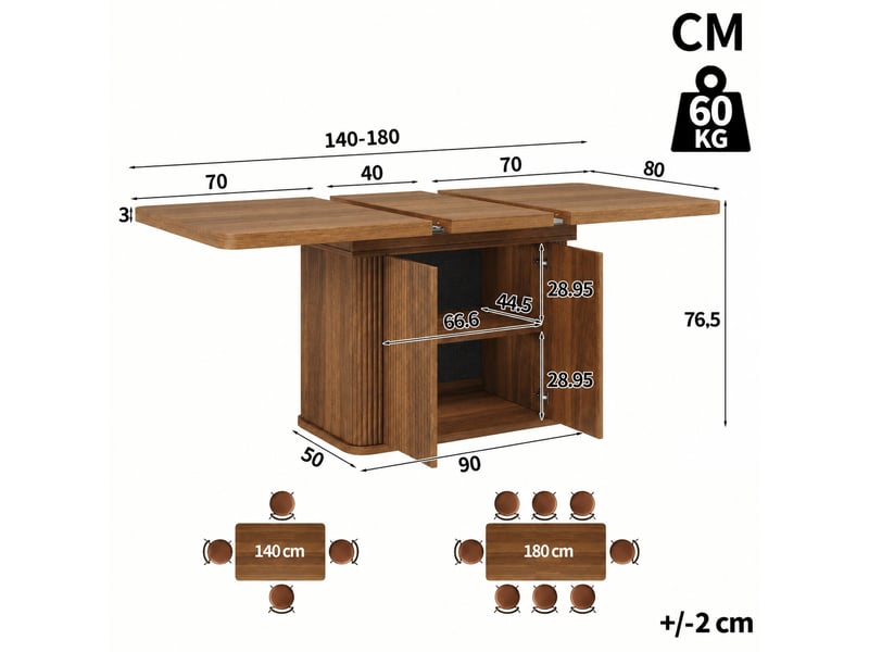  Table à manger extensible 140-180 cm avec rangement caché, finition bois marron  - Conforama C