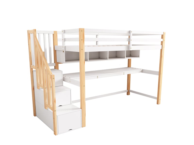  Lit mezzanine enfant avec bureau intégré, rangement et escalier sécurisé, blanc et chêne  - Conforama R