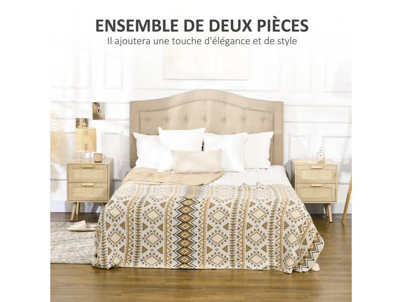 Lot de 2 tables de chevet tables d'appoint 2 tiroirs façades aspect cannage rotin style bohème naturel 40 x 40 x 56 cm  - Conforama A