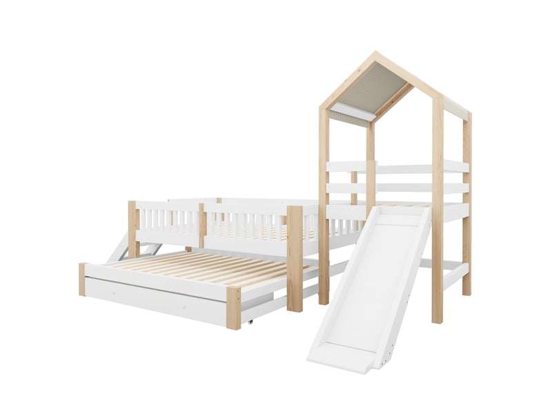  Lit gigogne 90x190 cm - lit cabane enfant 90x200 cm avec toboggan - escalier, tiroirs et toit en tissu - blanc  - Conforama E