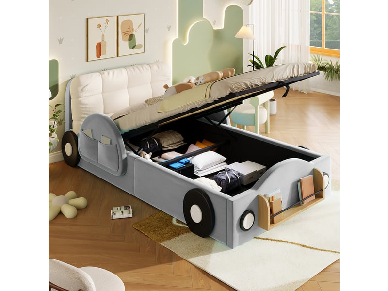  Lit coffre enfant 90 x 200 cm en velours gris avec rangement hydraulique, poches latérales, range-livres au pied et grand coussin de tête  - Conforama C