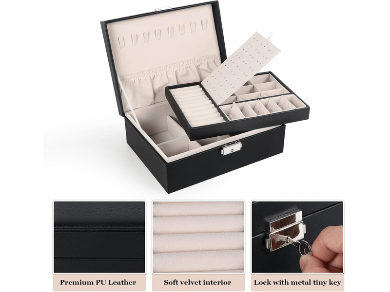  Boîte à bijoux pour femme, coffret à bijoux en cuir verrouillable de 2 couches organisateur à bijoux, petit jewelry stockage cas rangement(noir)  - Conforama D
