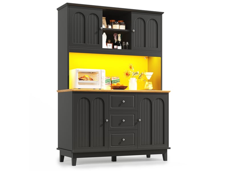 Buffet cuisine 4 portes et 3 tiroirs, 120 x 40 x 180 cm, éclairage led, étagères réglables, usb et dispositif anti-basculement, mdf, noir Morn Vibe - Conforama A