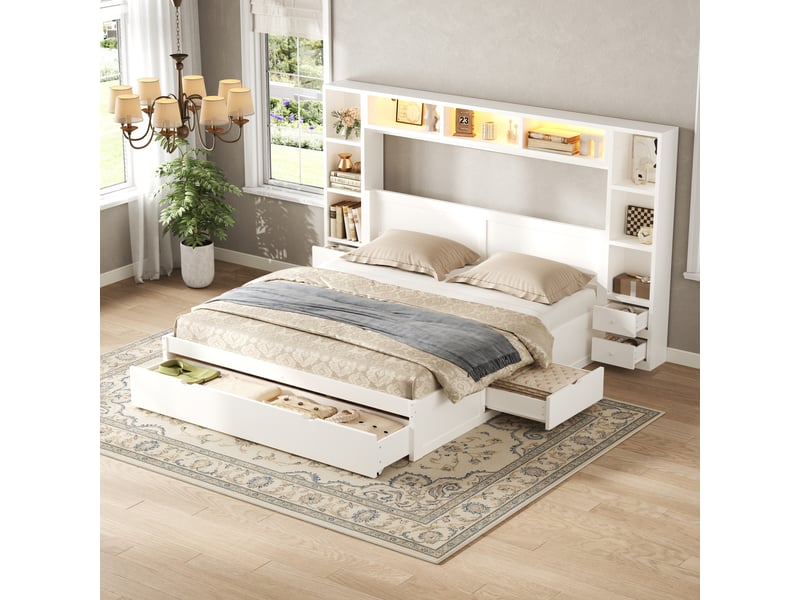  Lit plateforme 140 x 200 cm avec tête et pied de lit, 7 tiroirs, multiples rangements et éclairage led, blanc ABC - Conforama E