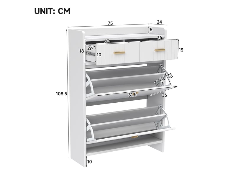  Meuble à chaussures - 75x24x108,5cm - meuble d'entrée étroit avec 2 tiroirs, 2 abattants, niche ouverte - blanc et doré  - Conforama E