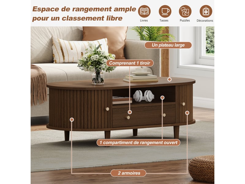  Table basse de salon avec portes coulissantes mdf 100x50x36 cm mdf coloris noyer  - Conforama D