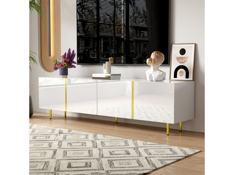  Meuble tv blanc laqué 170 cm avec 4 portes, meuble tv moderne en mdf avec détails dorés pour salon  - Conforama D