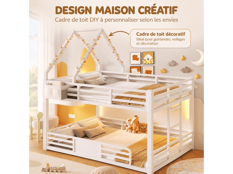  Lit superposé cabane enfant 140x200 cm avec toit décoratif, led multicolore, poches de rangement et garde-corps, métal et mdf, blanc OMNIGLINT TRADING LTD - Conforama D