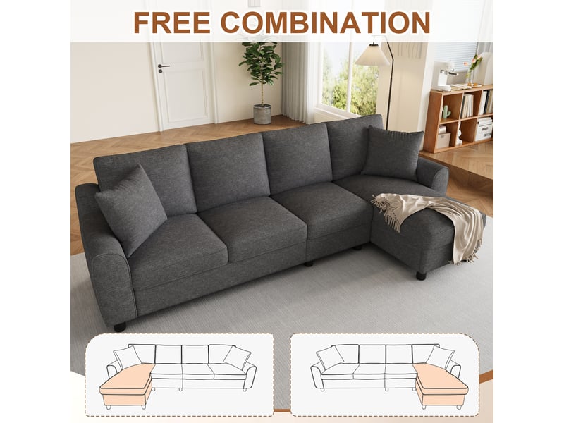  Canapé d'angle en chenille, canapé 3 places gris avec méridienne coffre, dossier rabattable et porte-gobelets pour salon, 280x136x82cm  - Conforama D