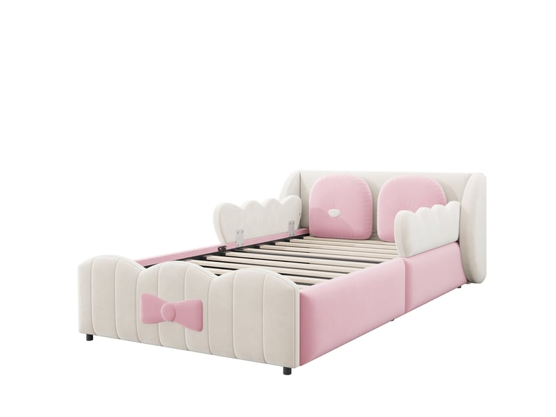  Lit coffre enfant 90 × 200 cm 1 place avec rangement hydraulique et 2 coussins, sans matelas, en velours beige  - Conforama E