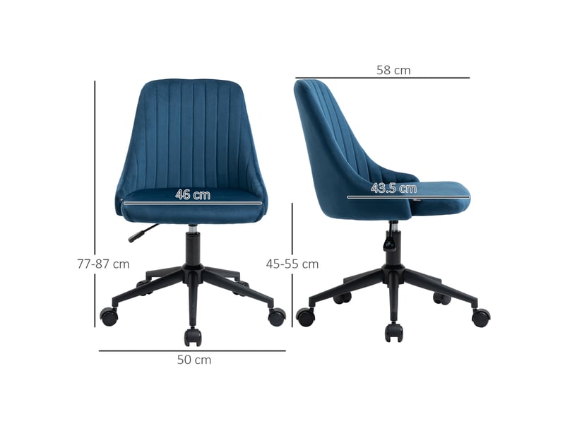 Fauteuil de bureau en velours bleu à hauteur réglable, ergonomique, pivotant à 360° et équipé de roulettes, 50 x 58 x 77-87 cm  - Conforama E