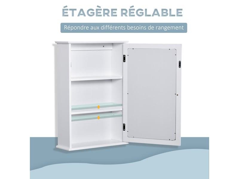 Armoire murale de salle de bain avec miroir - armoire à glace - placard de rangement toilettes - 1 porte, 2 étagères - verre mdf blanc - Conforama E