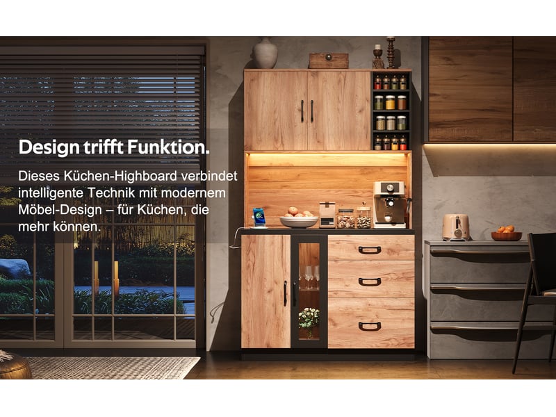  Buffet haut 105x40x180 cm avec éclairage led réglable, buffet de cuisine en couleur bois naturel, buffet salon avec prise électrique  - Conforama W