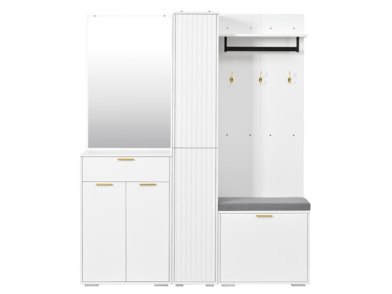  Vestiaire d’entrée 150x36x180 cm – blanc – miroir, penderie, banc et meuble à chaussures basculant  - Conforama D