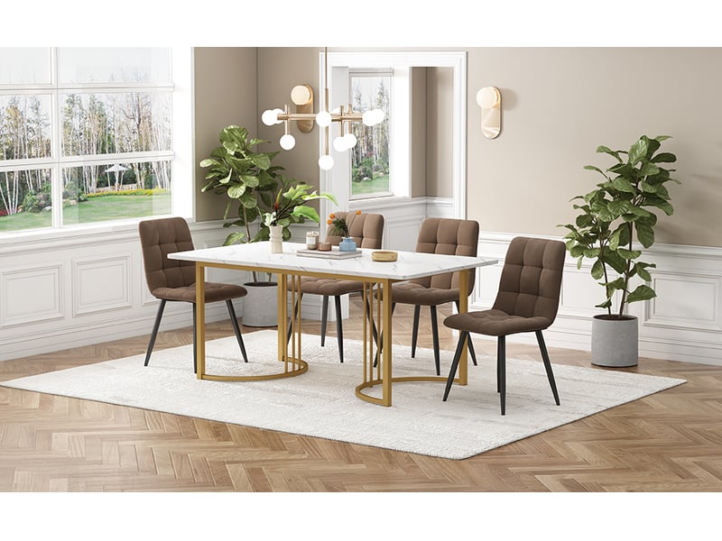  Ensemble repas 5 pièces, table en mdf motif marbre avec piétement en métal réglable, 4 chaises en velours, blanc+marron  - Conforama B