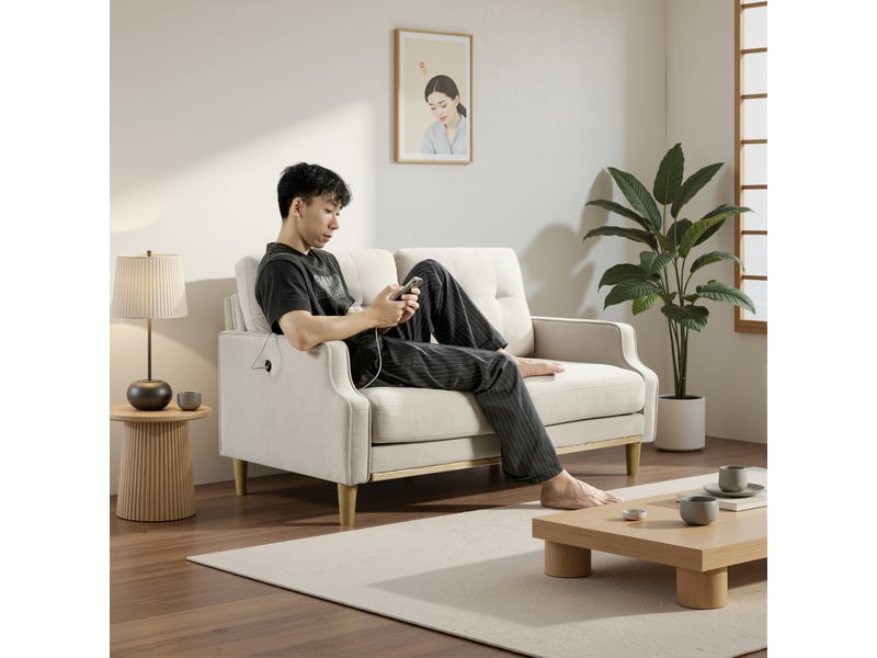  Canapé droit 2 places beige en tissu 135 x 72 x 85 cm avec port usb et pieds en bois pour petit appartement W3423S00002 - Conforama B