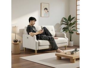 Canapé droit 2 places beige en tissu 135 x 72 x 85 cm avec port usb et pieds en bois pour petit appartement