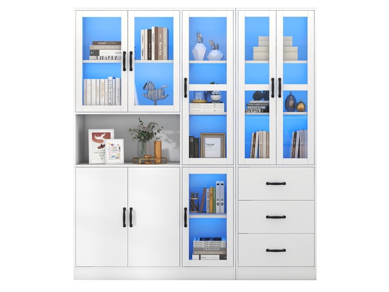  Vitrine combinée blanche 180 x 40 x 200 cm avec éclairage led, 8 portes, 3 tiroirs  - Conforama A