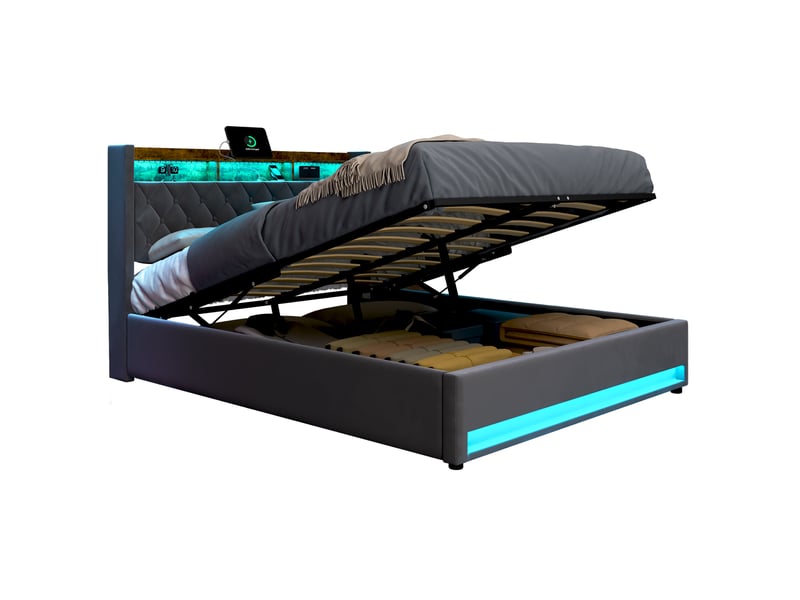 Lit coffre 180 × 200 cm avec usb, 2 prises, éclairage led et rangement, sans matelas, cadre métal gris - Conforama A