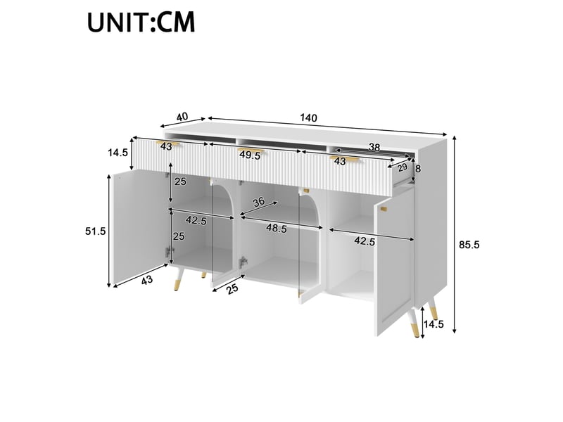  Buffet modenvie 4 portes et 3 tiroirs 140 x 40 x 85,5 cm blanc en mdf et panneaux de particules  - Conforama C