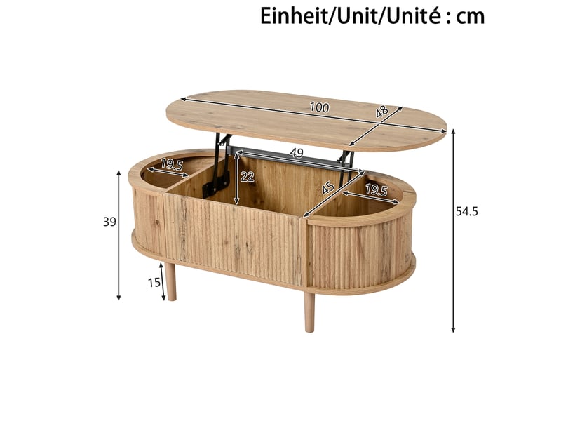  Table basse ovale relevable 100x48x54,5 cm, design vague, rangement, table de salon, style moderne, en mdf, chêne  - Conforama C