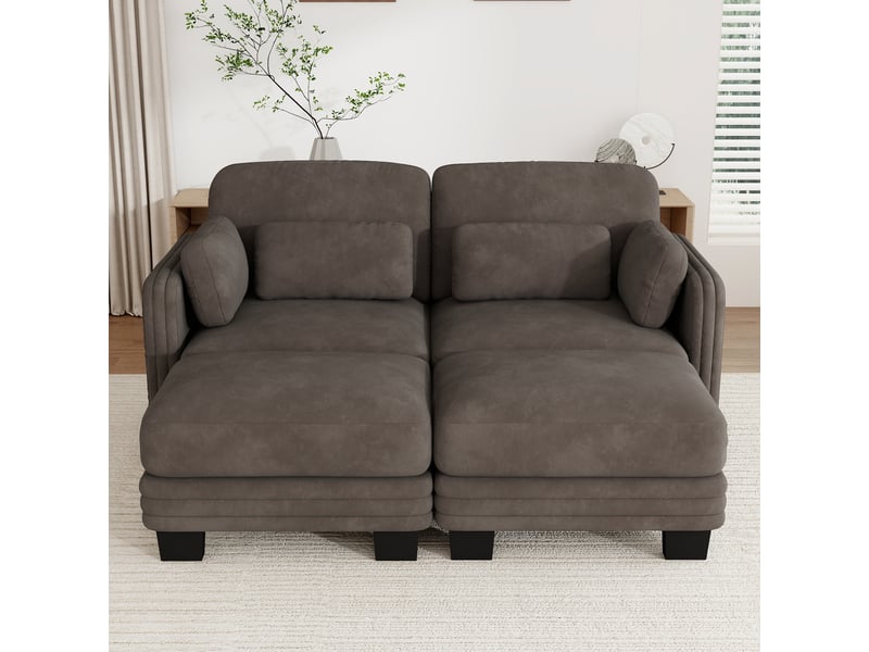 Canapé 2 places modulable 176x143x88 cm avec 2 poufs en chenille marron - Conforama D