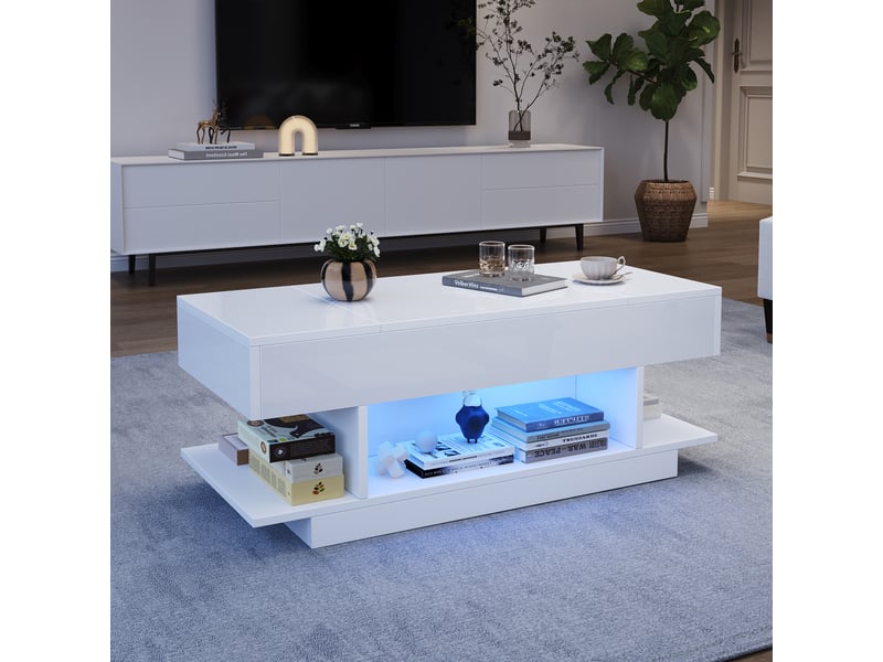  Table basse relevable blanche avec led, table de salon avec rangement caché et ouvert, hauteur réglable, 98x45x40cm  - Conforama B