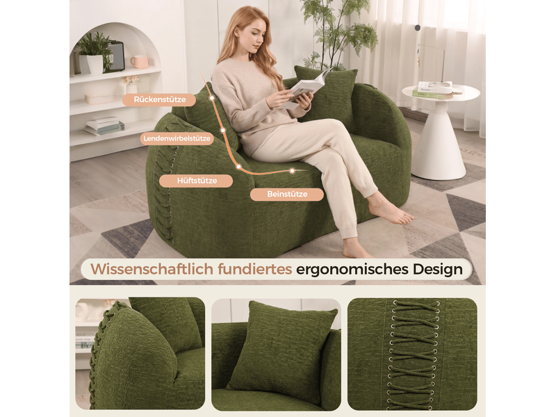  Canapé 2 places courbe 155x90 cm – vert – chenille, 2 coussins, lacets latéraux, aucun assemblage requis  - Conforama E