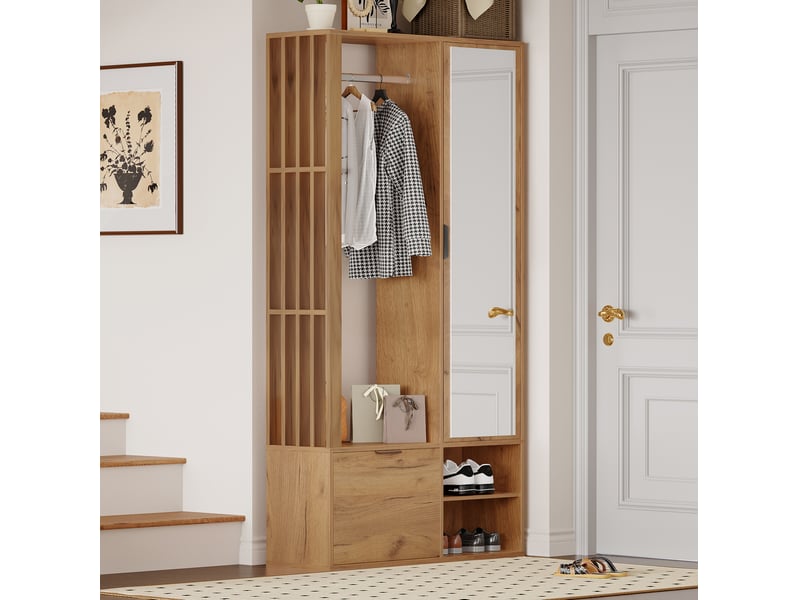  Meuble d'entrée 100x33x190 cm – bois naturel – miroir, penderie et rangement 6-en-1  - Conforama D