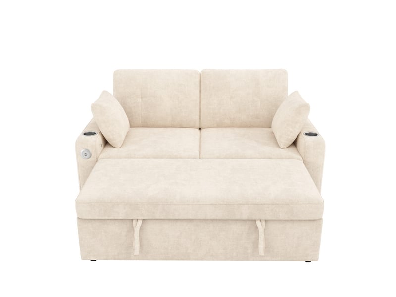  Canapé droit convertible ,2 places,avec éclairage led, ports de charge usbtype-c, porte-gobelets,141x131x83 cm,beige  - Conforama A