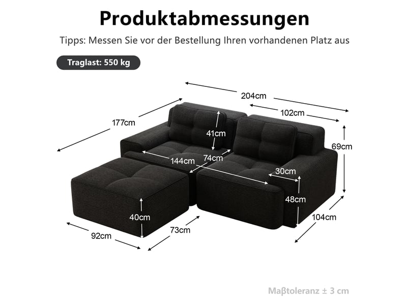  Canapé d'angle modulable convertible 2 places en velours côtelé noir avec ottoman, 204 x 177 x 69 cm  - Conforama C