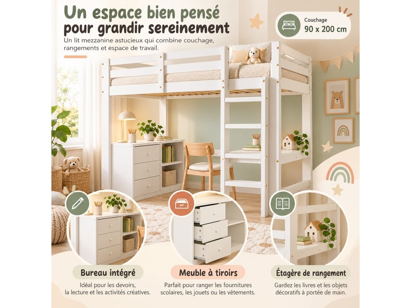 Lit mezzanine enfant 90 x 200 cm avec bureau, meuble à tiroirs, étagère et échelle 4 marches, gain de place, blanc - Conforama D