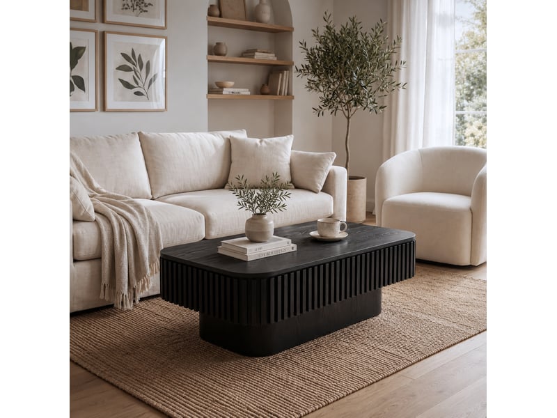 Table basse avec coffre de rangement et plateau amovible, style rainuré, pour salon, 98 cm, en mdf et bois, noir - Conforama C