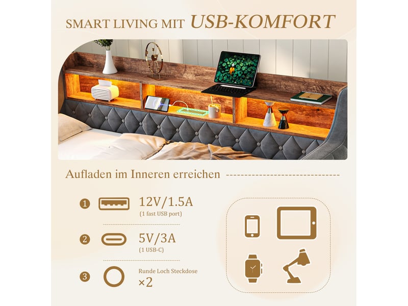 Lit gigogne enfant 90x190 cm, avec led, rangement, port usb-c, gain de place, sommier, velours gris foncé, sans matelas  - Conforama D