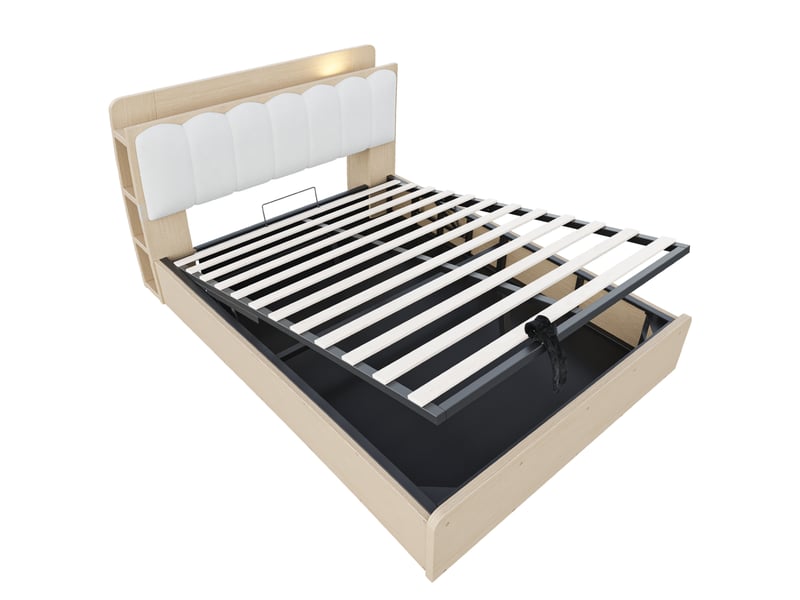  Lit coffre en bois 140x200 cm naturel, rangement hydraulique, tête de lit avec niches, usb et veilleuse Fay Lum - Conforama D