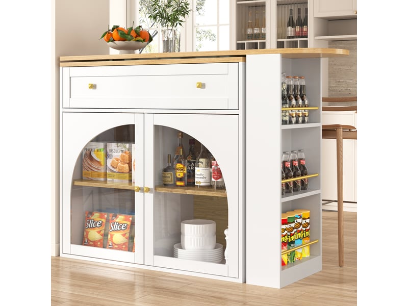  Meuble bar extensible avec 3 étagères latérales, portes en verre et fonction pivotante pour salon, 138 × 39 × 104 cm  - Conforama C