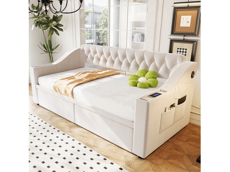  Lit enfant 90x190 cm tiroirs accoudoirs larges poches latérales ports usb revêtement velours beige sans matelas  - Conforama D