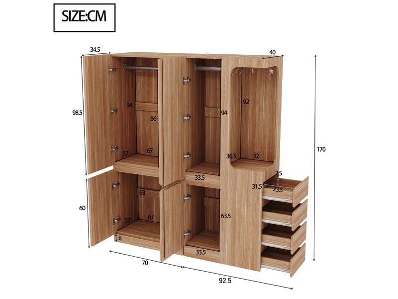 Armoire grande avec 3 portes, 4 tiroirs et 3 compartiments ouverts pour chambre en bois naturel 140×40×170 cm - Conforama D