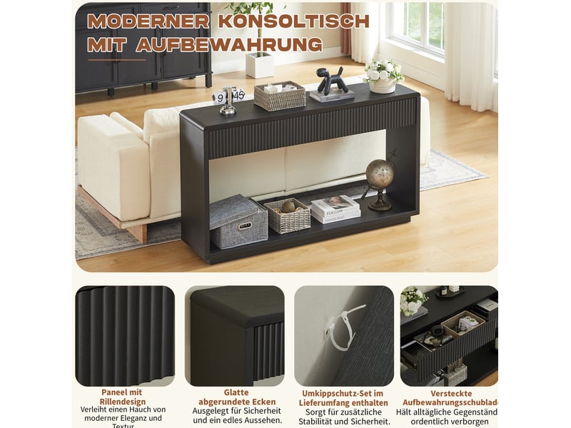  Console d'entrée 150 x 35 x 85 cm – noir – 2 tiroirs, rangement ouvert et design cannelé moderne et pratique  - Conforama E