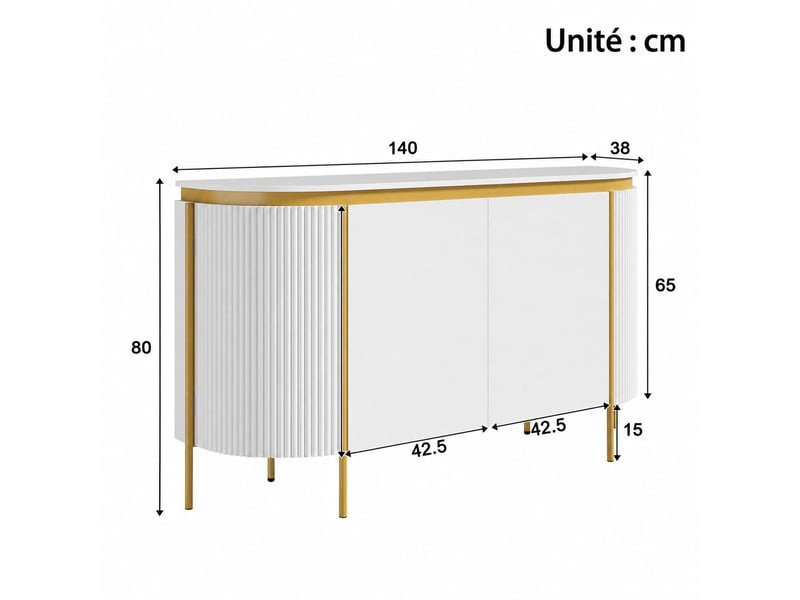  Buffet blanc ovale à quatre portes, côtés cannelés, longueur 140 cm  - Conforama C