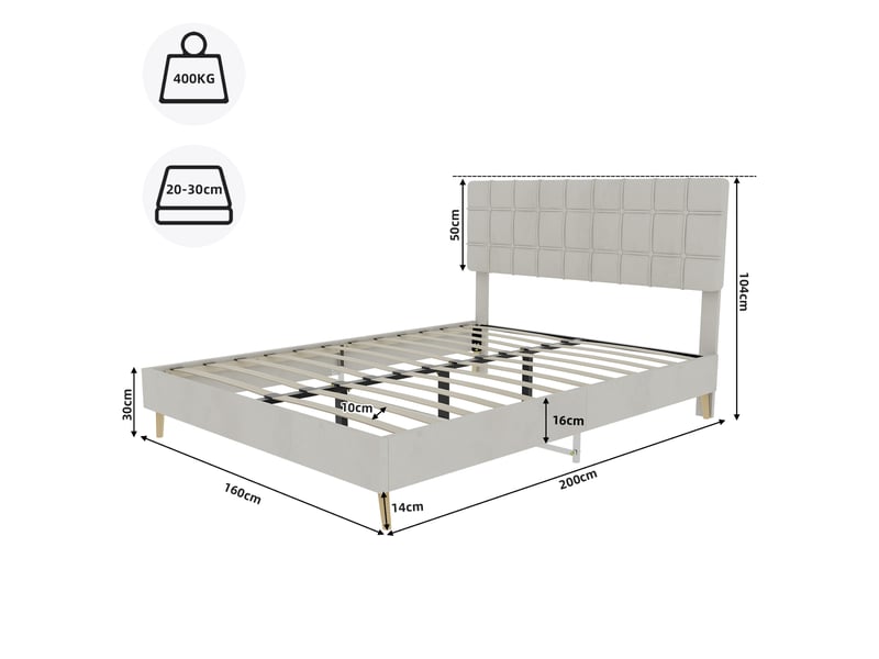 Lit 160x200 cm tissu beige avec tête capitonnée, sommier à lattes, style moderne - Conforama C