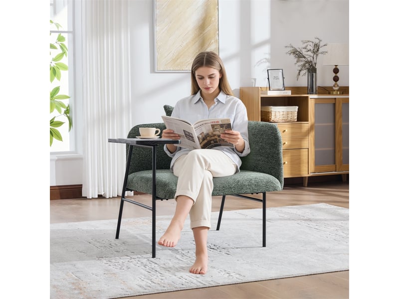  Fauteuil de salon moderne avec table d'appoint - 86x72x71cm - design avec poches de rangement et cadre métal - émeraude  - Conforama D