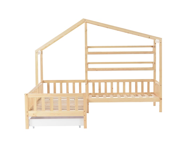  Lit cabane enfant (90 x 200 + 70 x 140 cm) - cadre de lit avec barreaux et lattes - lit enfant - structure en l - bois massif  - Conforama E