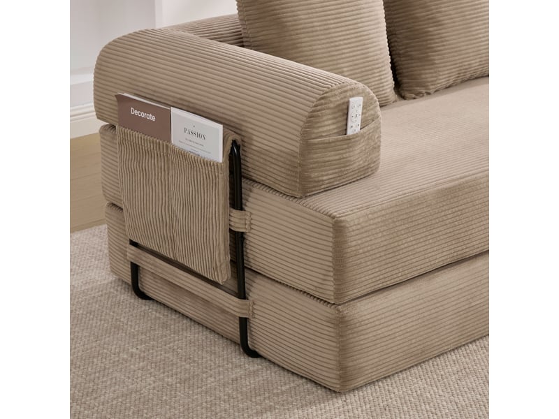  Canapé convertible 200x94x67 cm modulaire avec poches latérales, 3 coussins, métal, kaki  - Conforama E