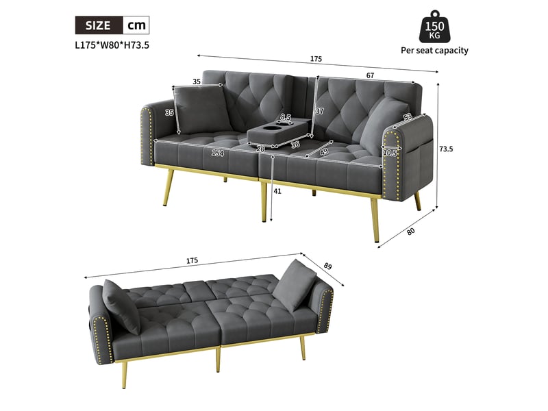Canapé-lit 2 places 175x80x73,5cm dossier 3 positions 108°-135°-180° porte-gobelet pieds dorés velours gris - Conforama C