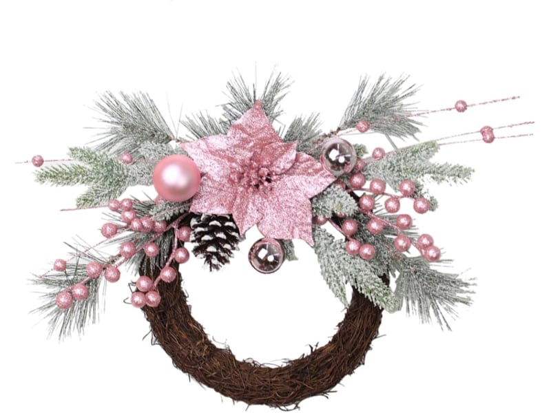  Couronne de noël rose 45 cm avec fleurs de poinsettia et boules, décoration porte mur fenêtre cheminée  - Conforama A