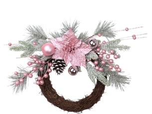 Couronne de noël rose 45 cm avec fleurs de poinsettia et boules, décoration porte mur fenêtre cheminée