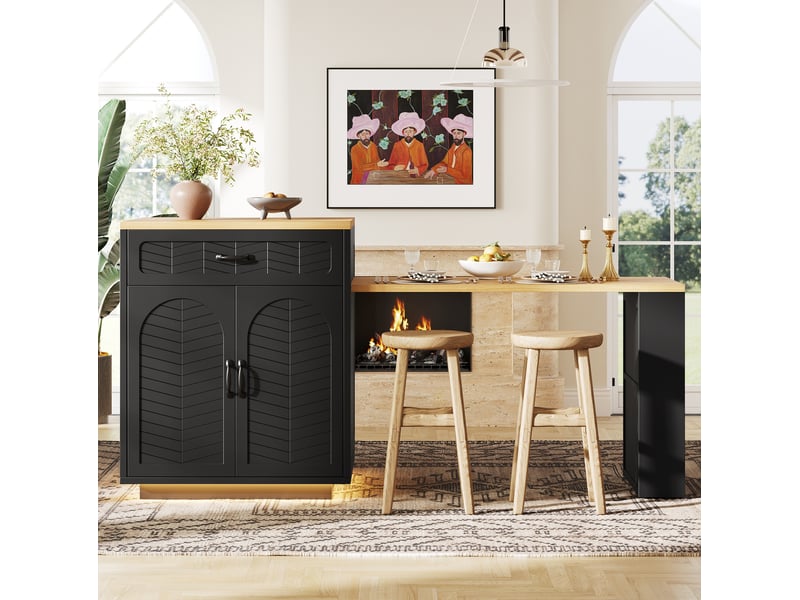  Desserte de cuisine 141-193,5x70x95,5 cm, table extensible, 2 tiroirs, range-bouteilles, en mdf, couleur noir et bois  - Conforama D