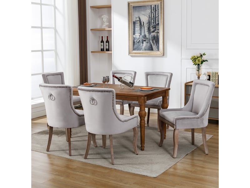  Chaises salle à manger luxe lot de 6, velours gris, clous décoratifs, pieds bois massif  - Conforama D